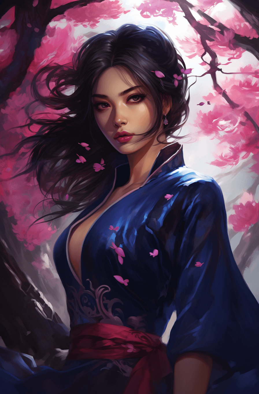 AI generated: Image of a girl with kimono and pink blossom, in the style of artgerm, 2d game art, dark magenta and...