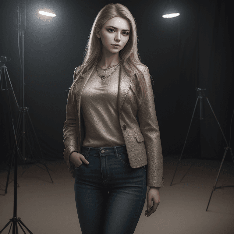 AI generated: Super-Realistic potrait of Nataliya Aleksandrov standing at photoshoot location, worn a detailed tex...