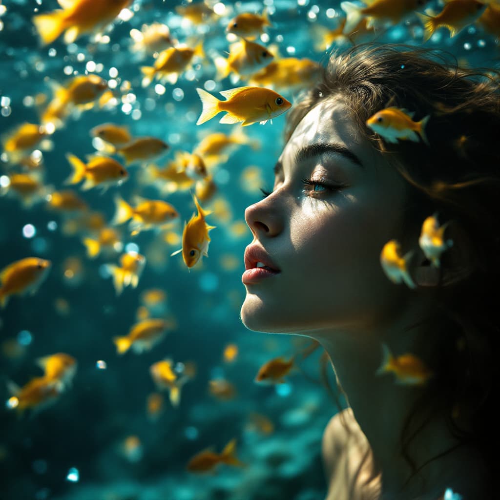 AI generated: hyper realistic photograph of a girl underwater with school golden fish around, closeup shot dreamy ...