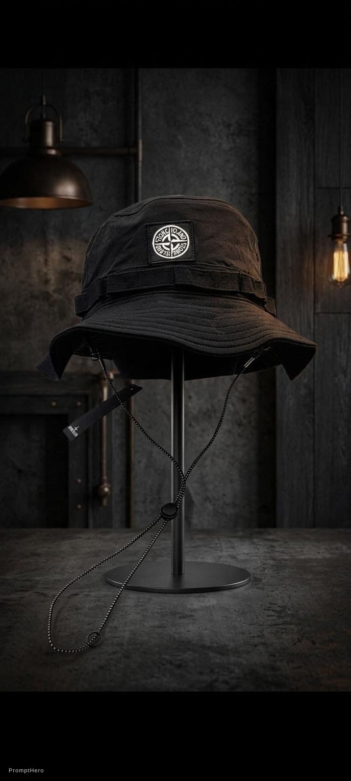 AI generated: "Stone Island bucket hat, dark dramatic background, studio lighting, luxury streetwear photography, ...