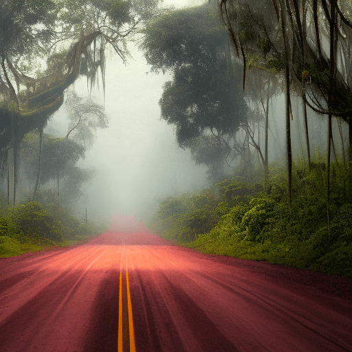 AI generated: the sky with a faint reddish hue,
casting an eerie, otherworldly glow over the jungle,
the road, wit...