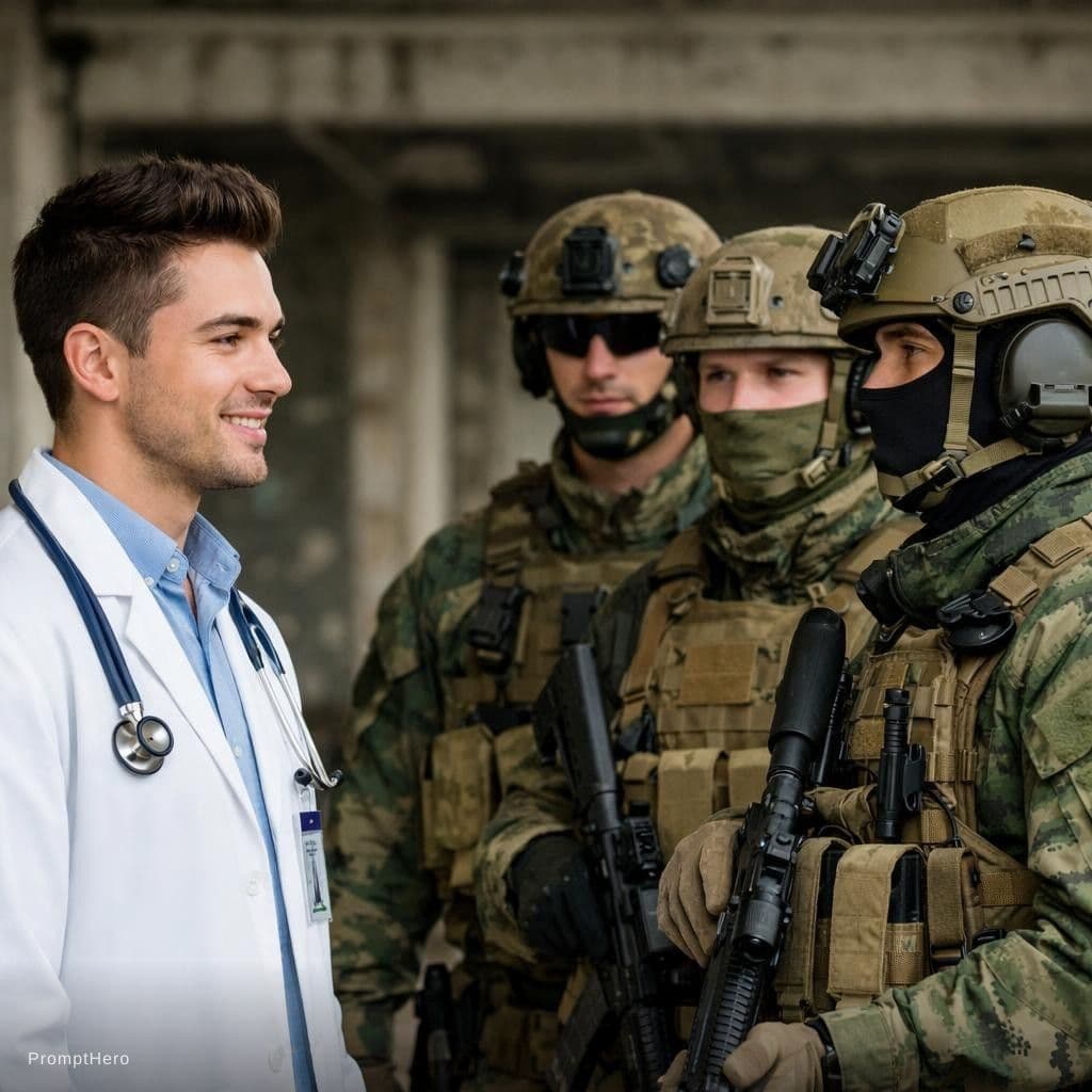 AI generated: In this first image there's a man wearing white, his a doctor facing the three solders, the man shou...