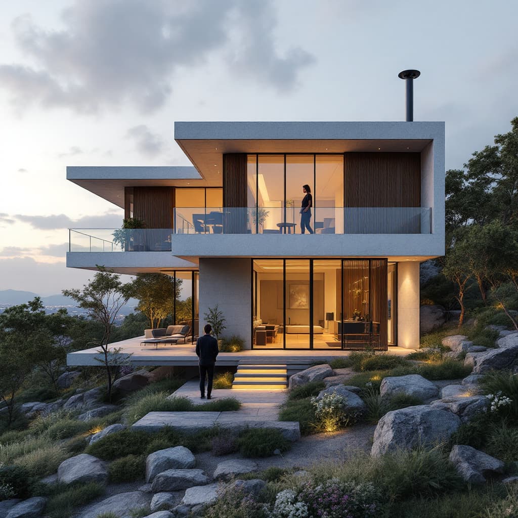 AI generated: house with person in front, lofty design, panoramic view, architecture photography day scene, 