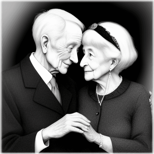 AI generated: Black and white drawing, an lovely 
elderly couple looking at each other