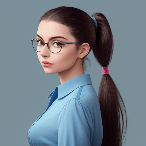 AI generated: Photograph fashion shoot of a young woman with her hair in a ponytail and eyeglasses. She should be ...