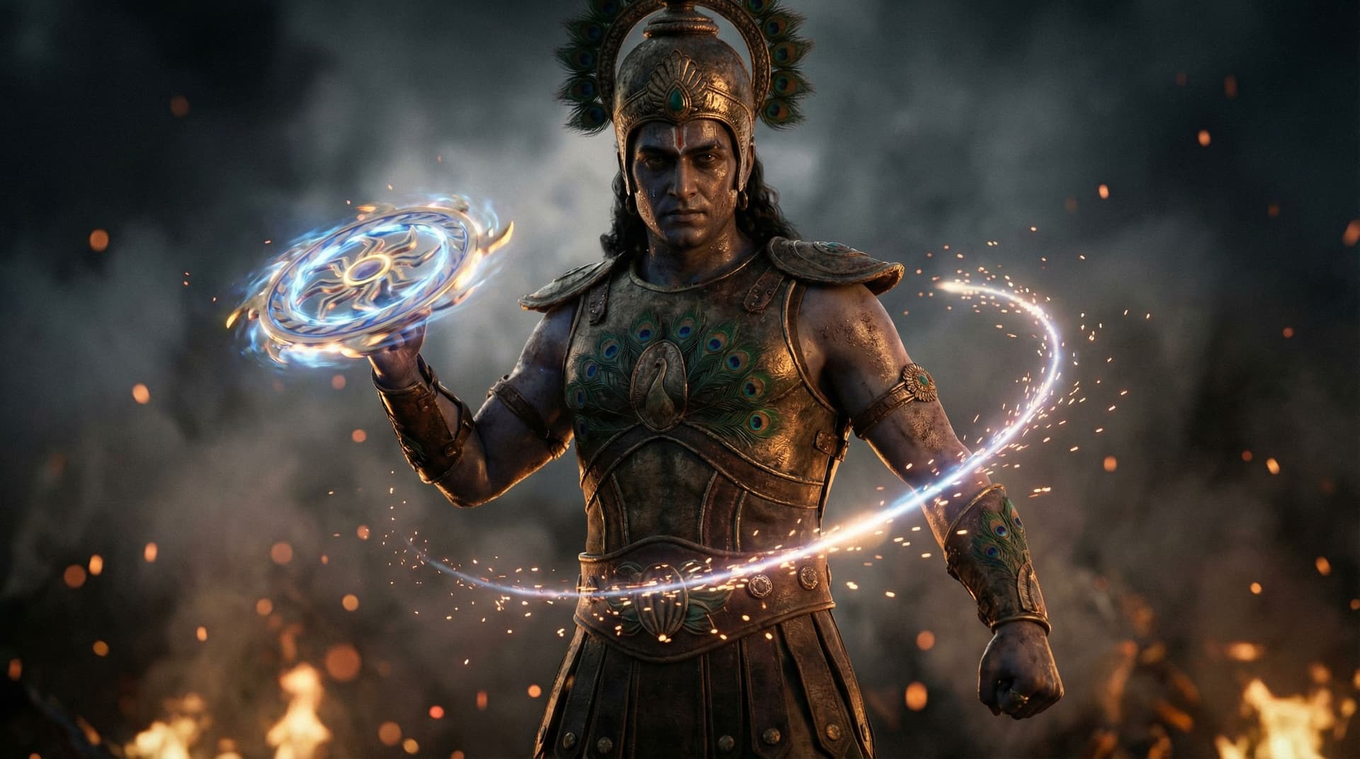 AI generated: Lord Krishna With Sudarshan Chakra cinematic mythological realism, divine warrior aesthetic, dark mo...