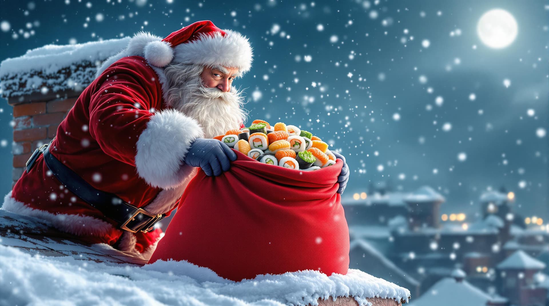 AI generated: Close-up of Santa Claus on a snowy rooftop, pushing a vibrant red sack halfway into a narrow brick c...
