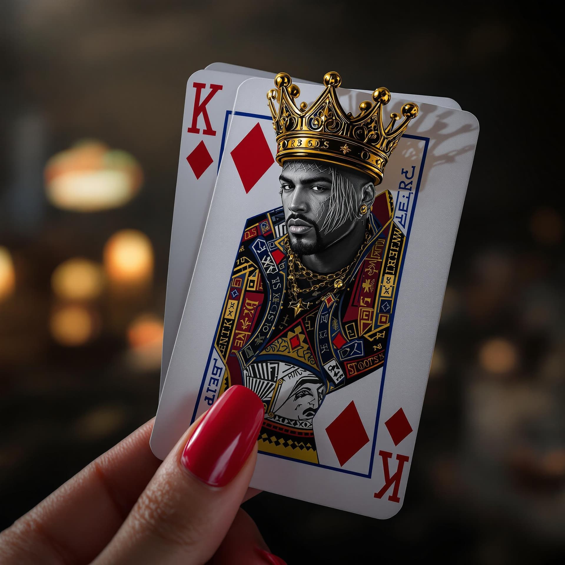 AI generated: a woman's hand with long red nails holding a king of diamonds playing card depicting a realistic hip...