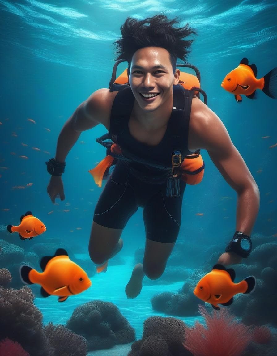 AI generated: swiming with clown fish on the ocean, full body, cyberpunk, 8k, octane render, cinematic, dramatic l...