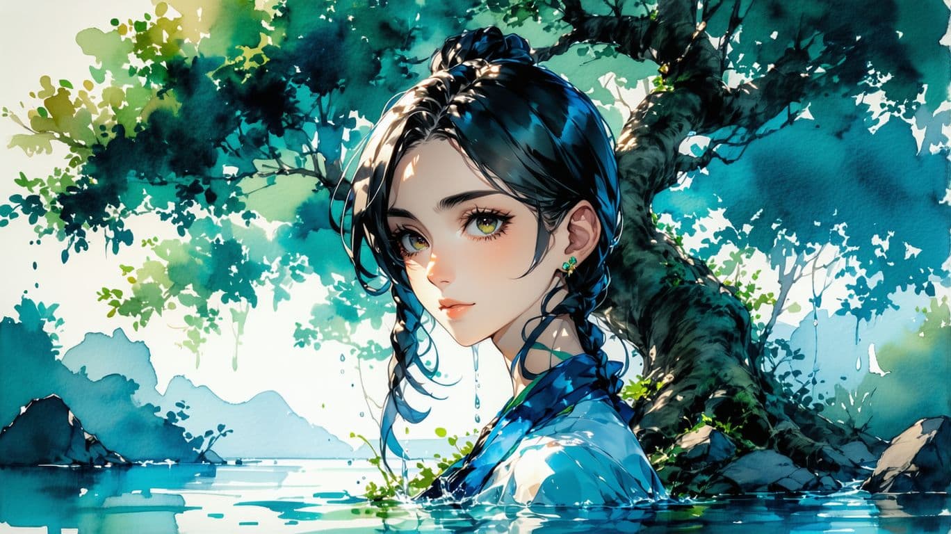AI generated:  water colur illustration ((anime) ), 24 year young anime asian girl, very sultry look, so hot girl,...