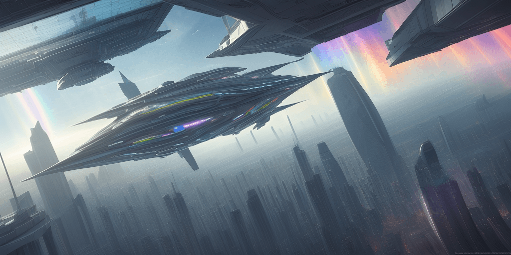 AI generated: a movie still, Transparent (Futuristic flying spaceship) below you can see the futuristic city, news...
