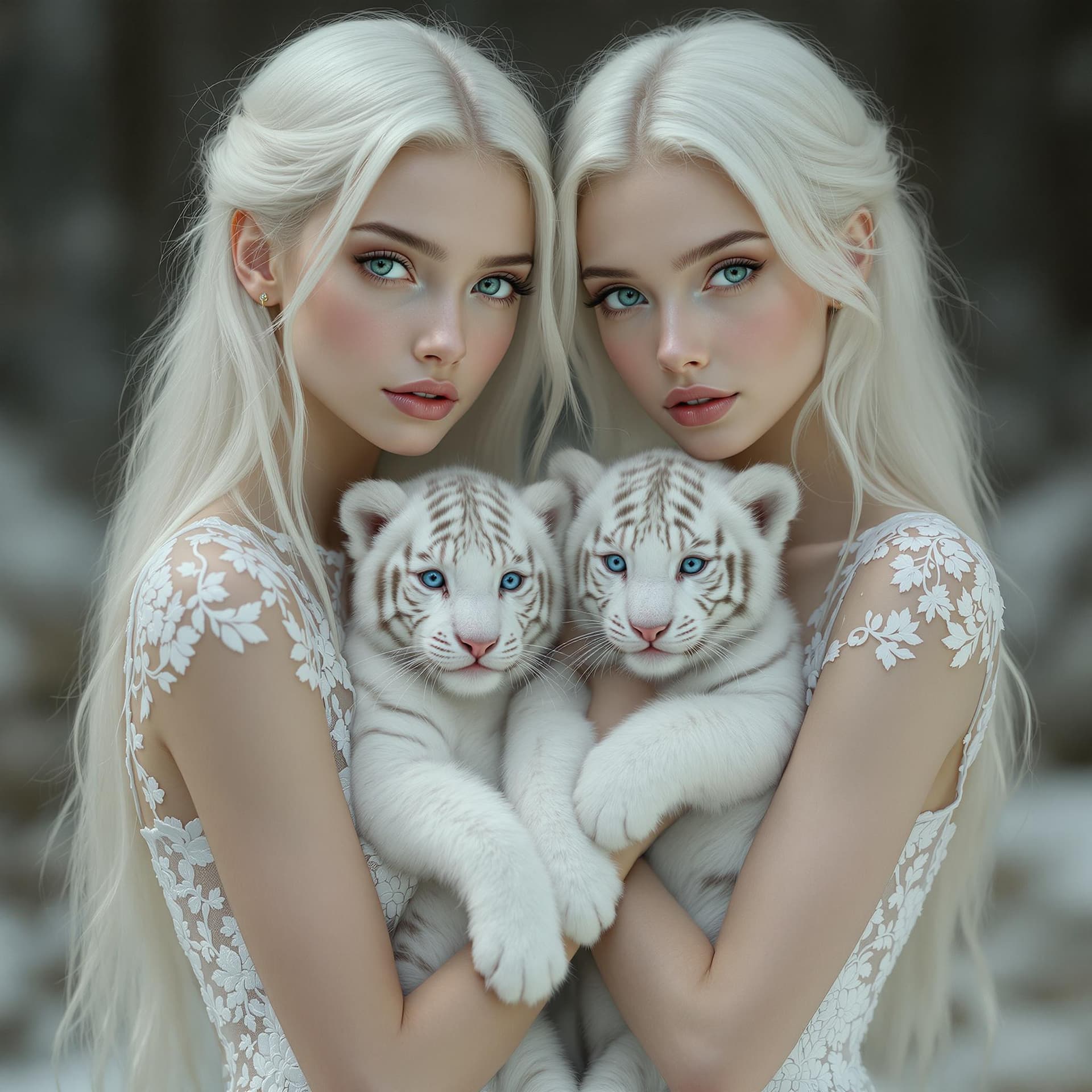 AI generated: A cinematic 8K shot of a serene full shot of two young Russian women with alabaster skin and long, f...