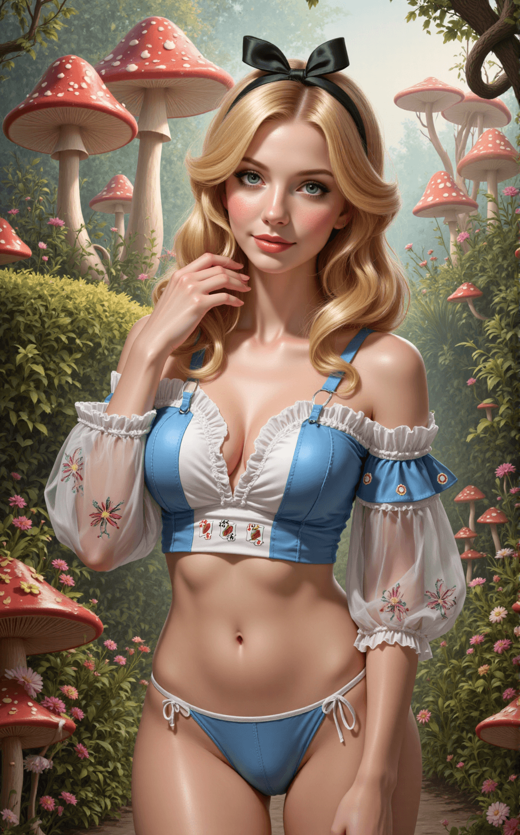AI generated: An ultra-detailed digital oil painting of Alice standing at the heart of Wonderland’s surreal garden...