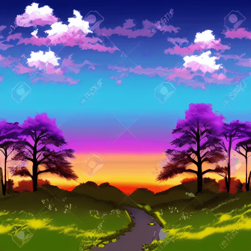 AI generated: anime style landscape twilight sky pastel colors with trees on the back