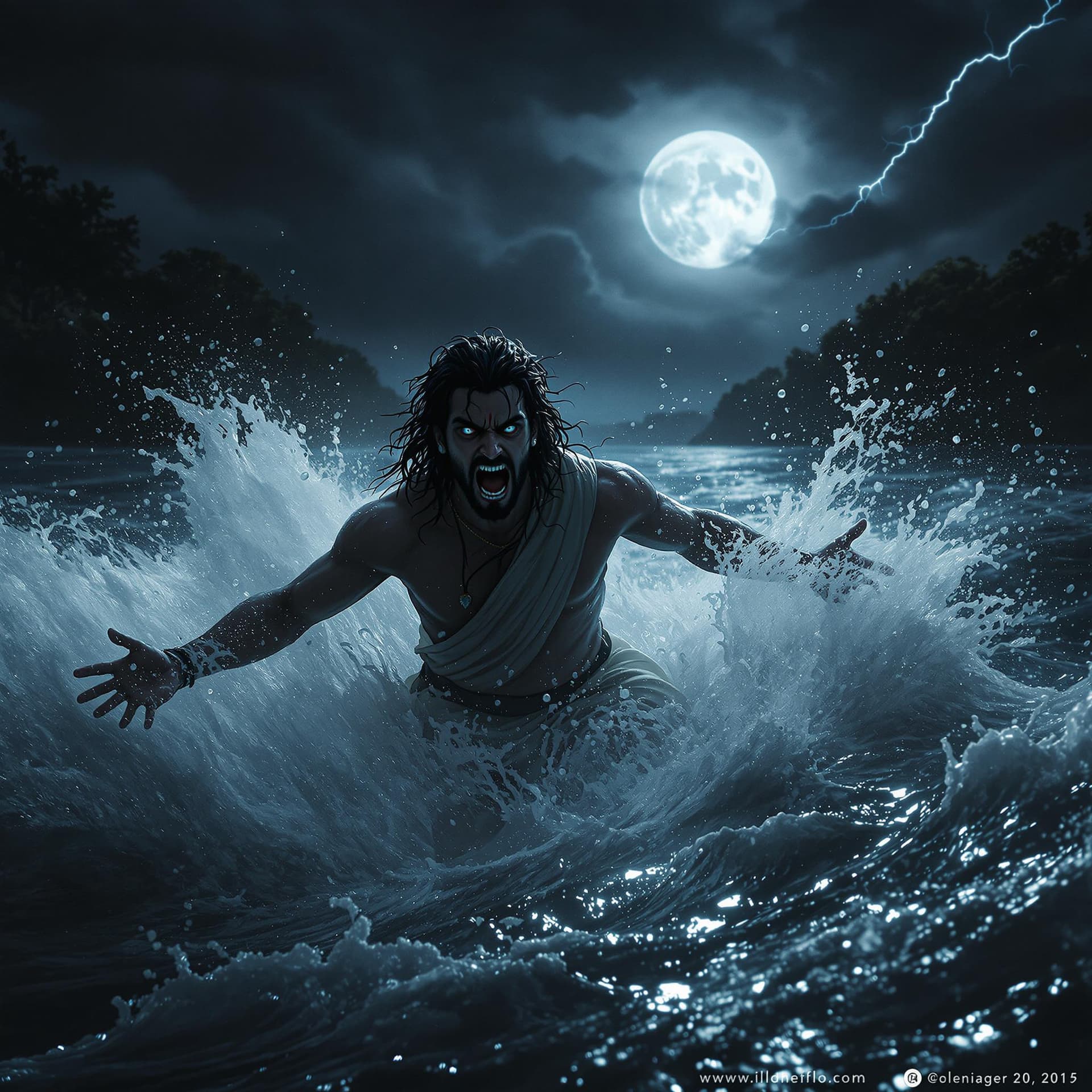 AI generated: The scene is set in the dead of night along a dark, tumultuous river. The moon is partially hidden b...