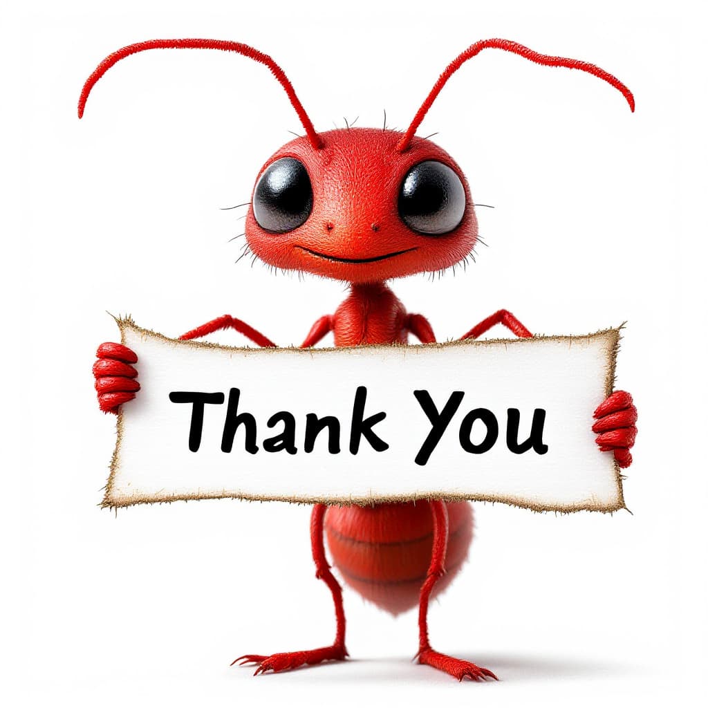 AI generated: highly detailed image of a red ant holding a 'Thank You' banner isolated on a white background