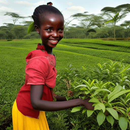 AI generated: Cheerful African girl picking tea on a plantation