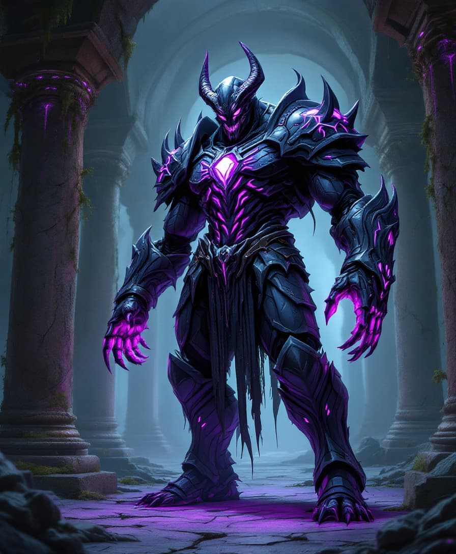 AI generated: A powerful demon standing within an ancient crypt, wearing an intricate purple armor with glowing pu...