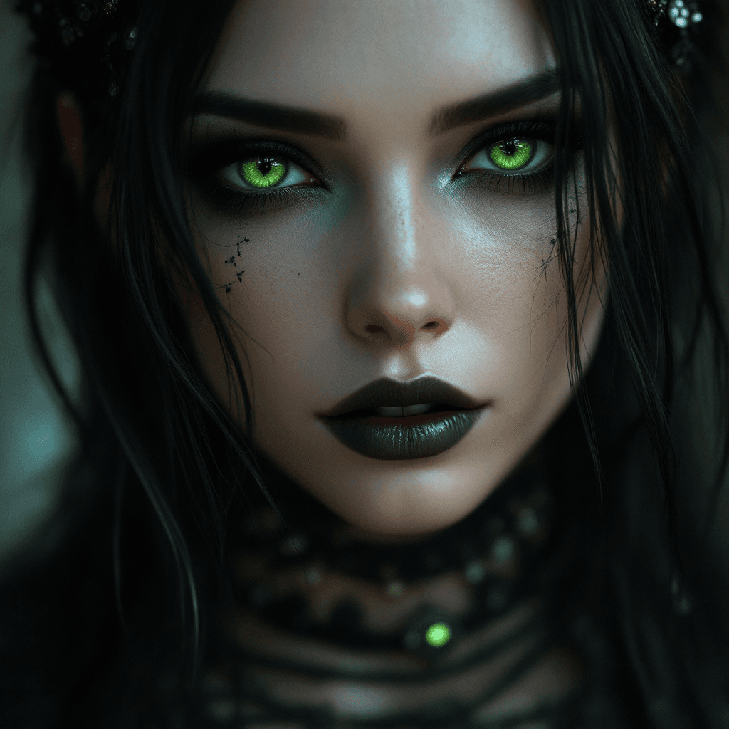 AI generated: a woman with green eyes, black goth makeup, in the style of realism with fantasy elements, daz3d, fi...