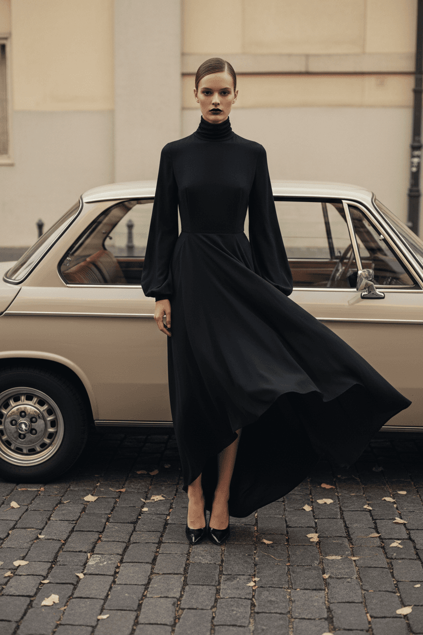 AI generated: High-fashion editorial photography, a tall model standing confidently in front of a vintage BMW car ...