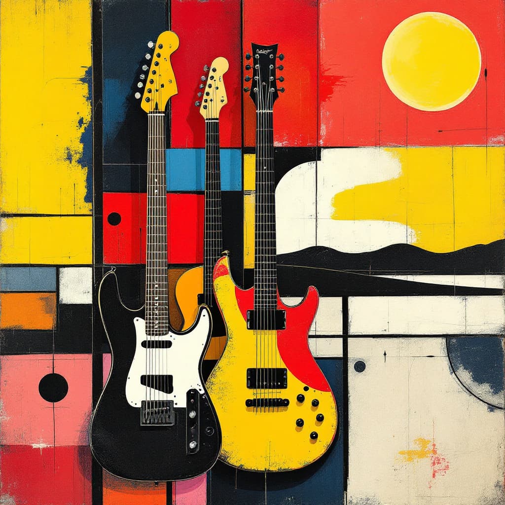 AI generated: "A vibrant fusion of rock and art, featuring a minimalist landscape in the Piet Mondrian style with ...