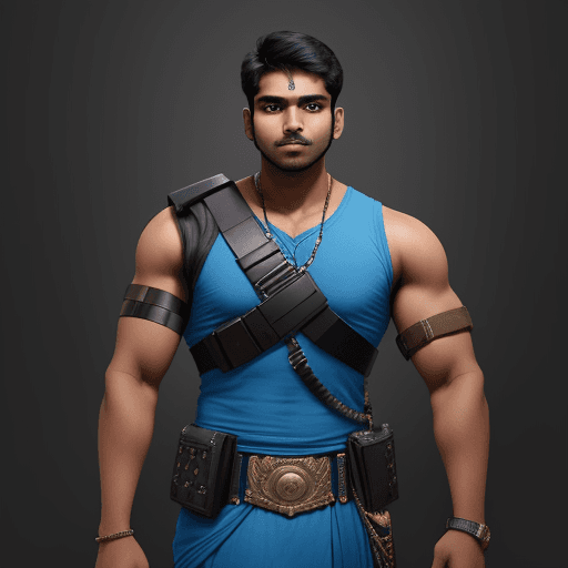 AI generated: an indian male age 26, broad shouldered, very muscular, 2 meters tall , steel arms, sleeveless blue ...