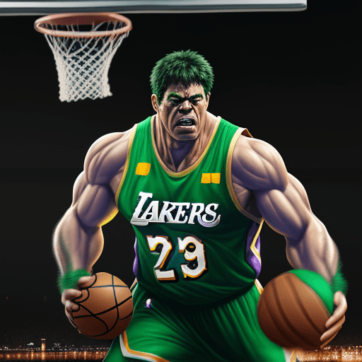 AI generated: Marvel's Hulk playing basketball, he is jumping to dunk on the hoop and he is dressed in the Lakers ...