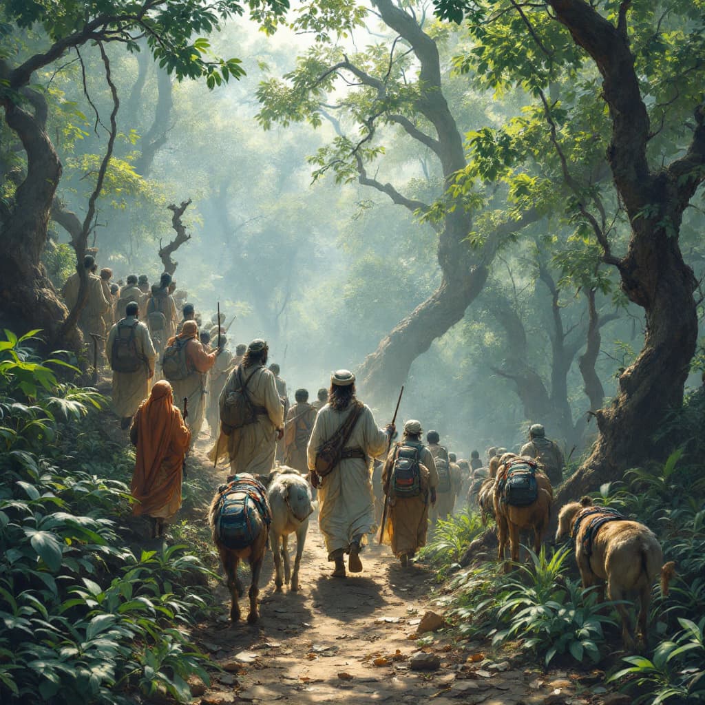 AI generated: Mystic Islamic preacher with followers traveling through forested Bengal