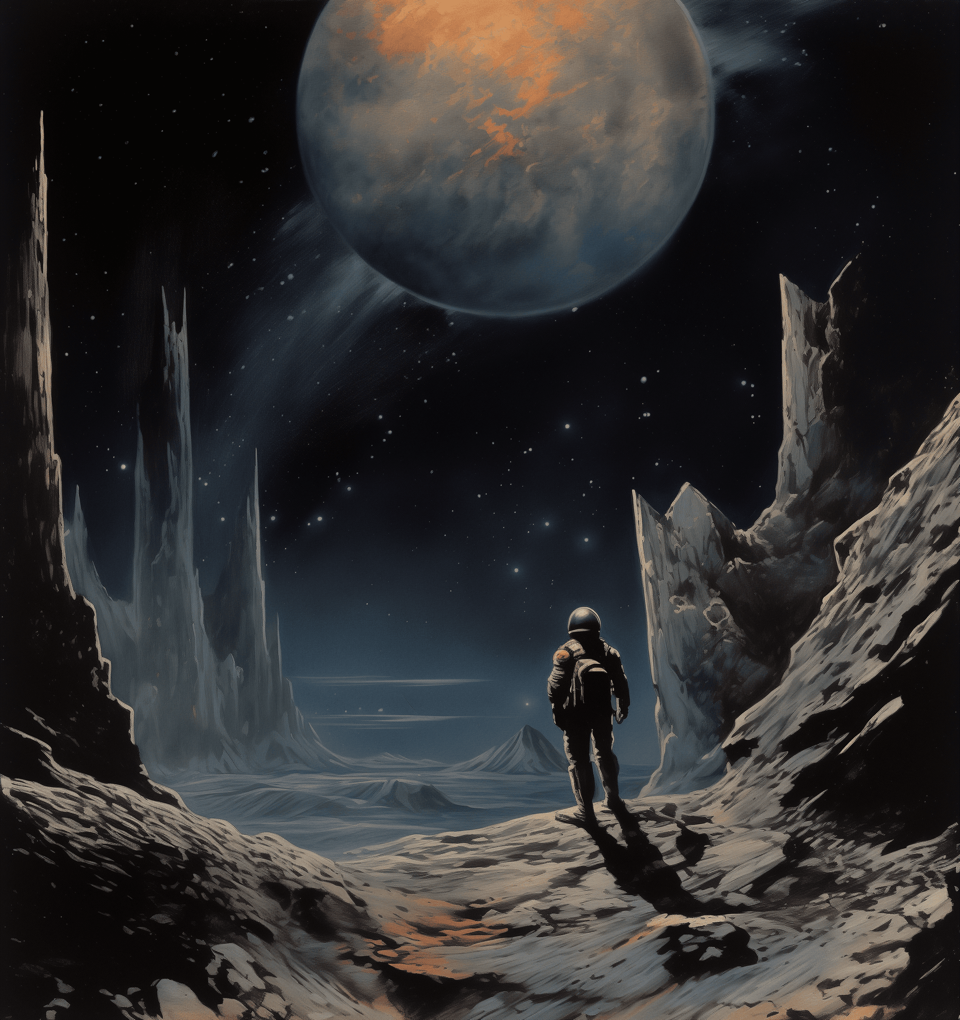 AI generated: a vintage science fiction book cover illustration of an alien in black space suit, helmet and goggle...