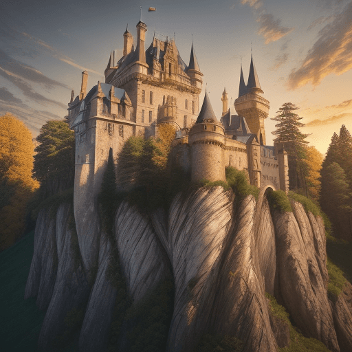 AI generated: hyper realistic arial exterior photo of a beautiful medieval castle on a cliff full of trees, golden...