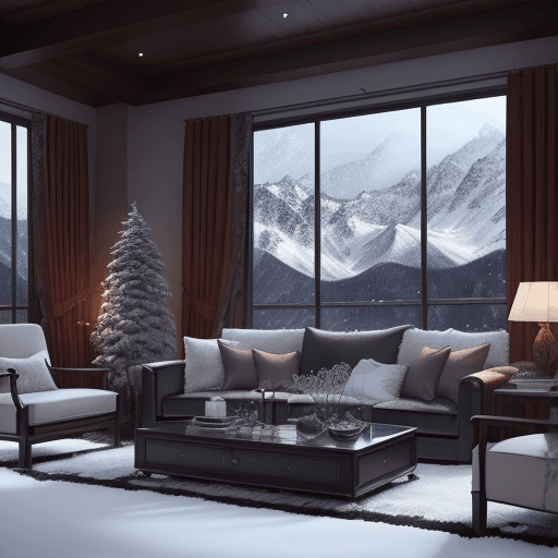 AI generated: Winter Atmosphere Snowfall on the Mountains ~ Luxurious Living Room and Soft Jazz Music for Relax --...