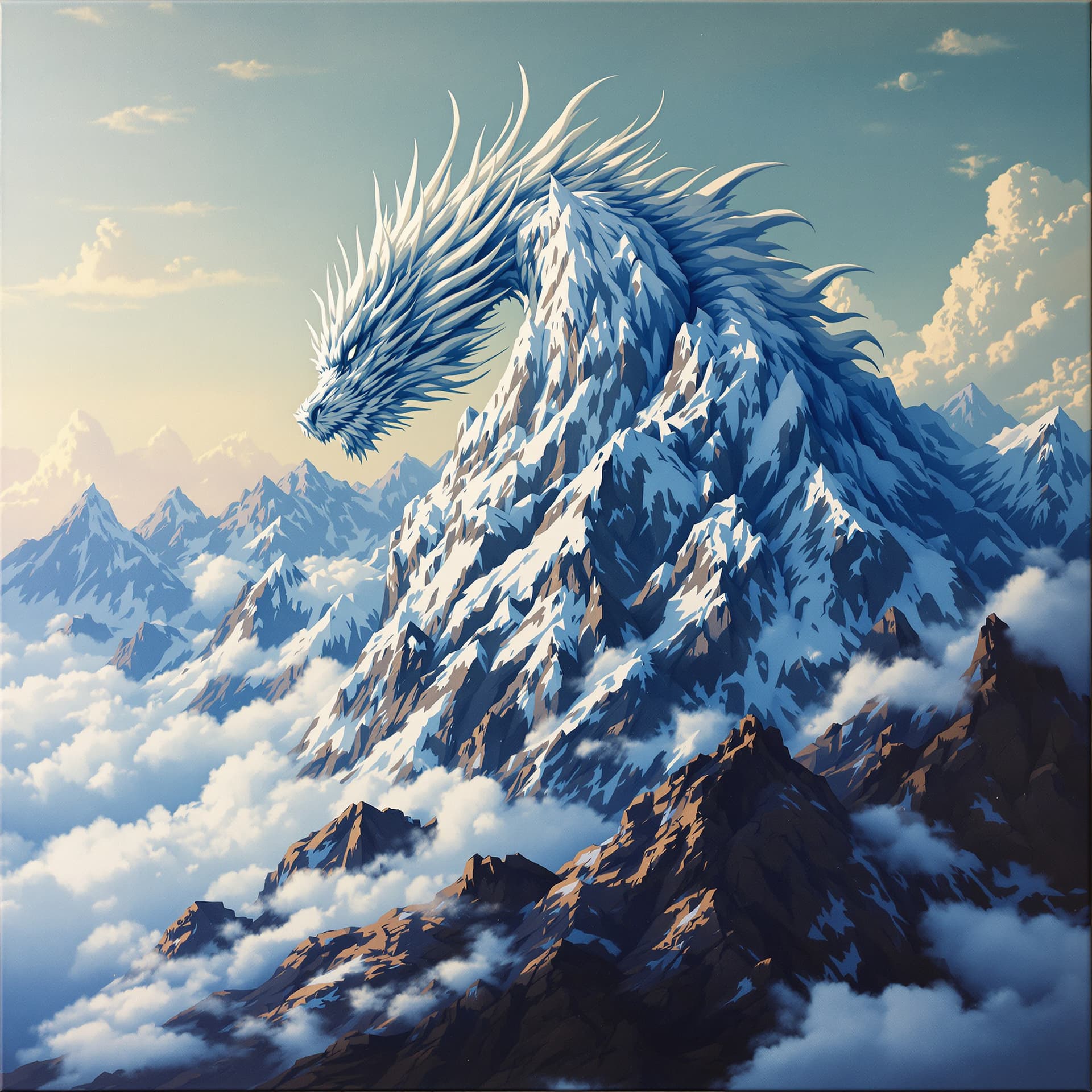 AI generated: an acrylic highly detailed image of a mountain in the shape of a dragon sleeping