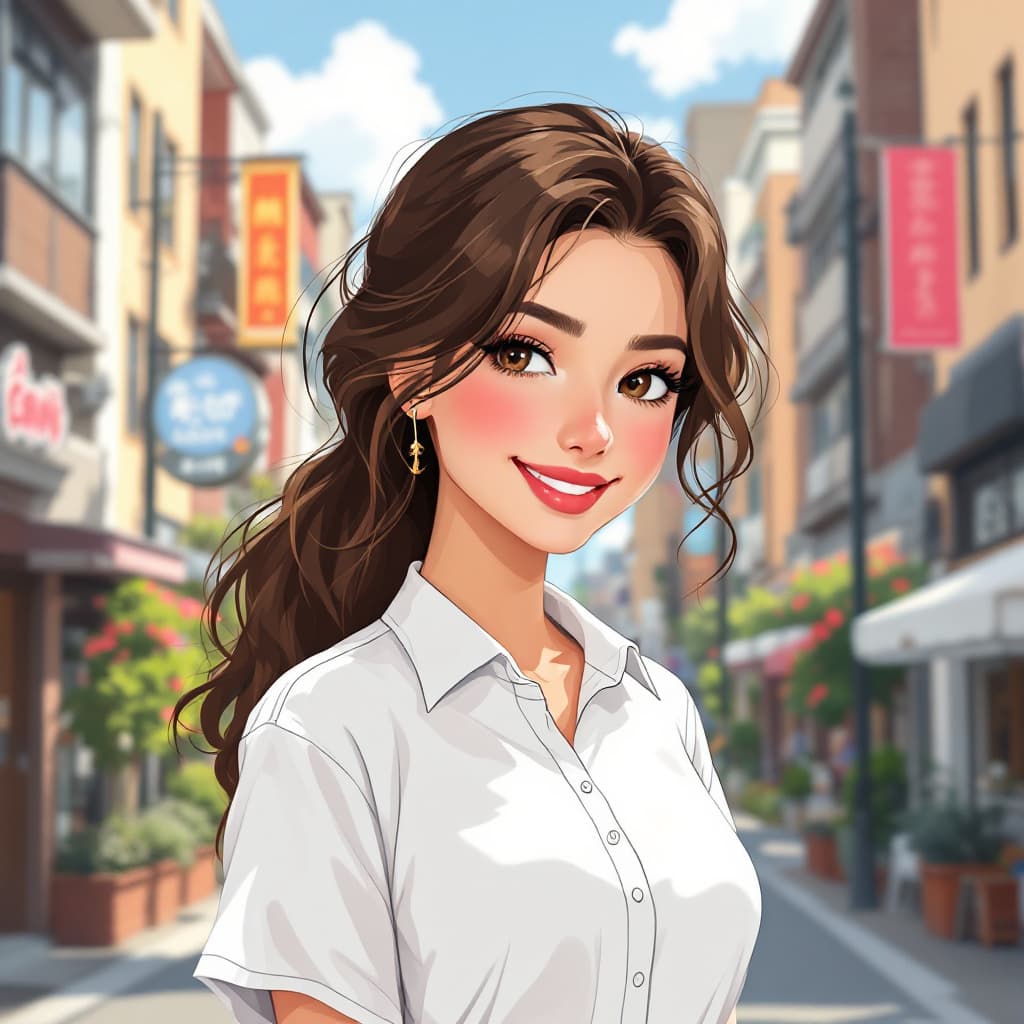 AI generated: High resolution classic disney style illustration of a beautiful women, brown hair, wearing white sh...