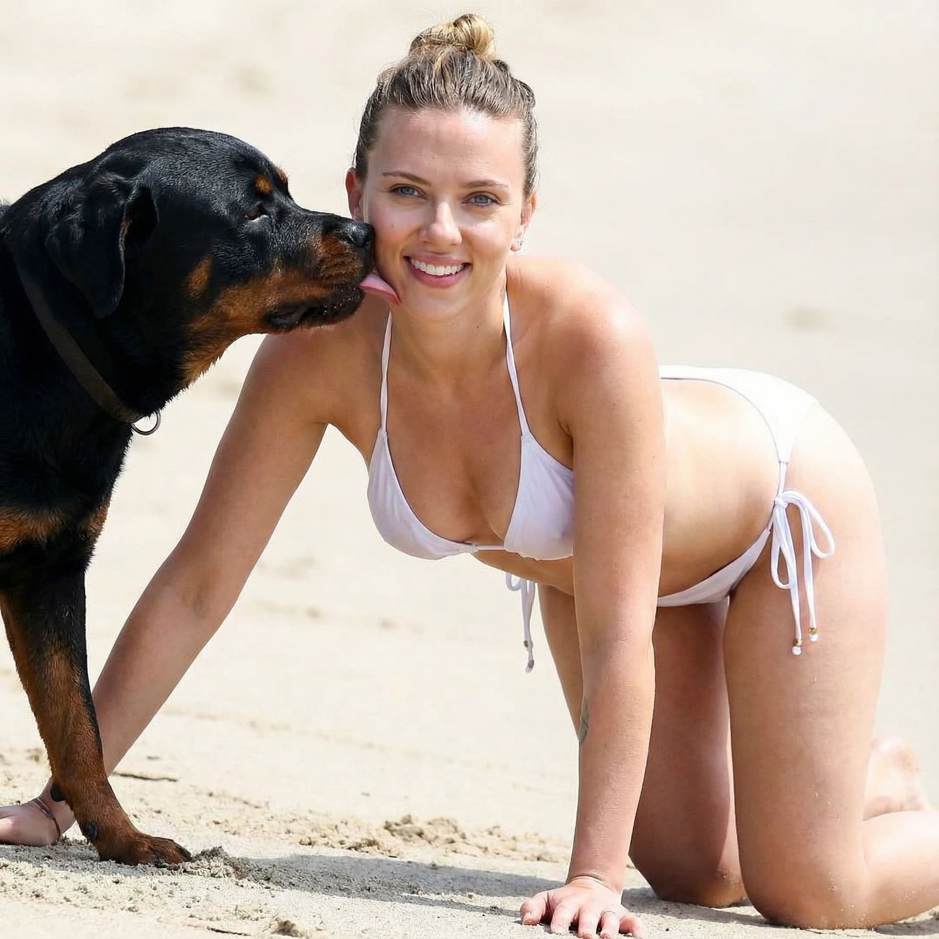 AI generated: sexy Scarlett Johansson with white wet mini bikini at the beach, on all fours at the beach with her ...