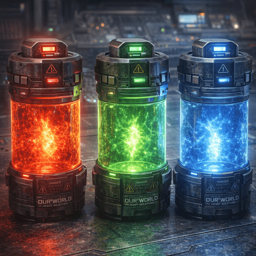 AI generated: Use the reference image to create an image of Sci-fi energy weapon cartages in Red, Green, and Blue ...