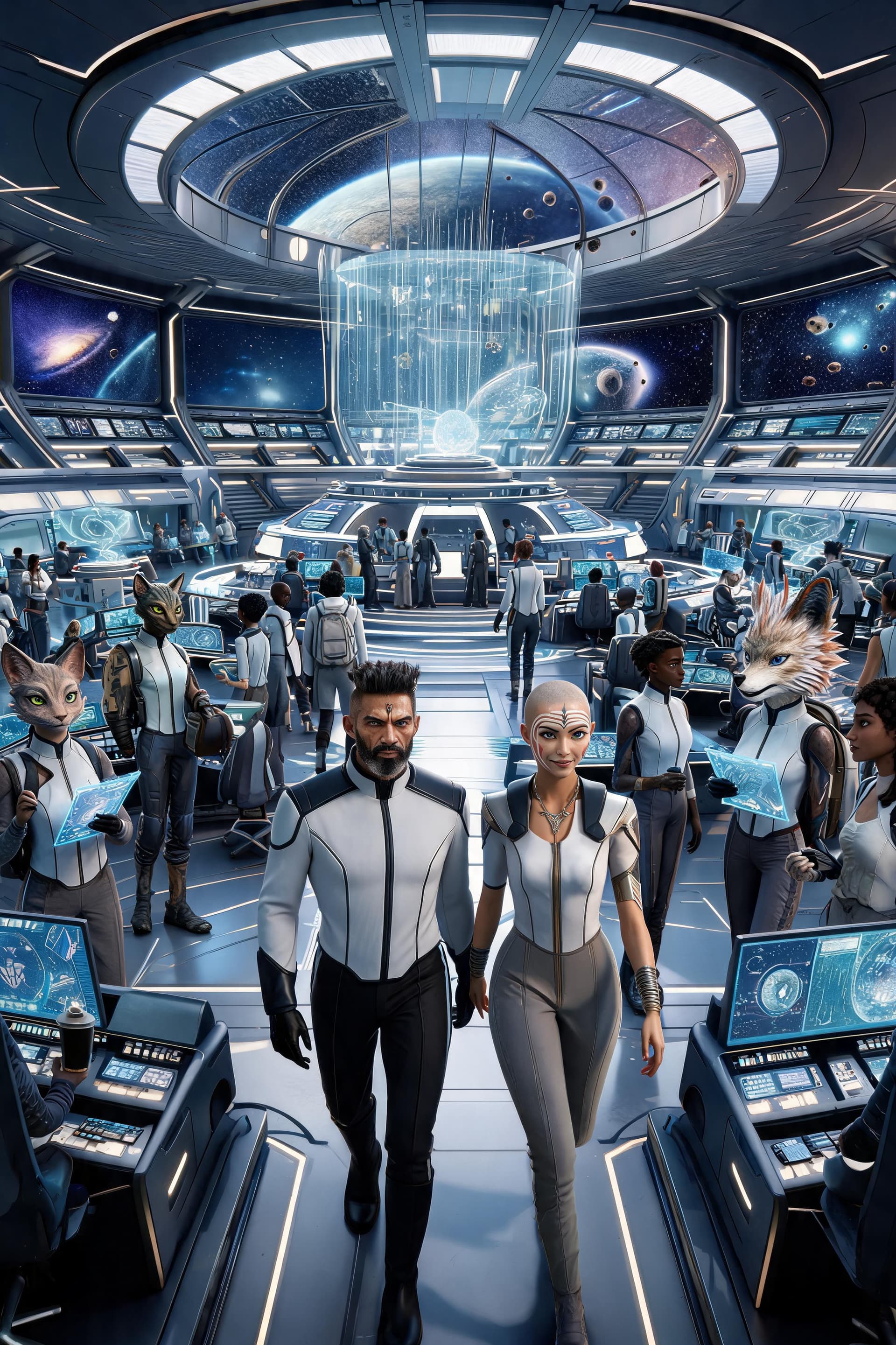 AI generated: Create a highly cinematic, ultra-realistic scene depicting everyday life inside the Galaxial Vora'di...