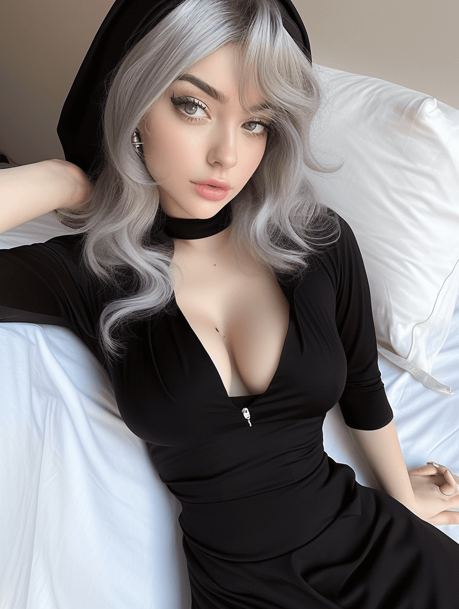 AI generated: https://s.mj.run/YtAqdvKesUg, a beautiful french nun wearing black lingery, aged 35, lying on bed, s...