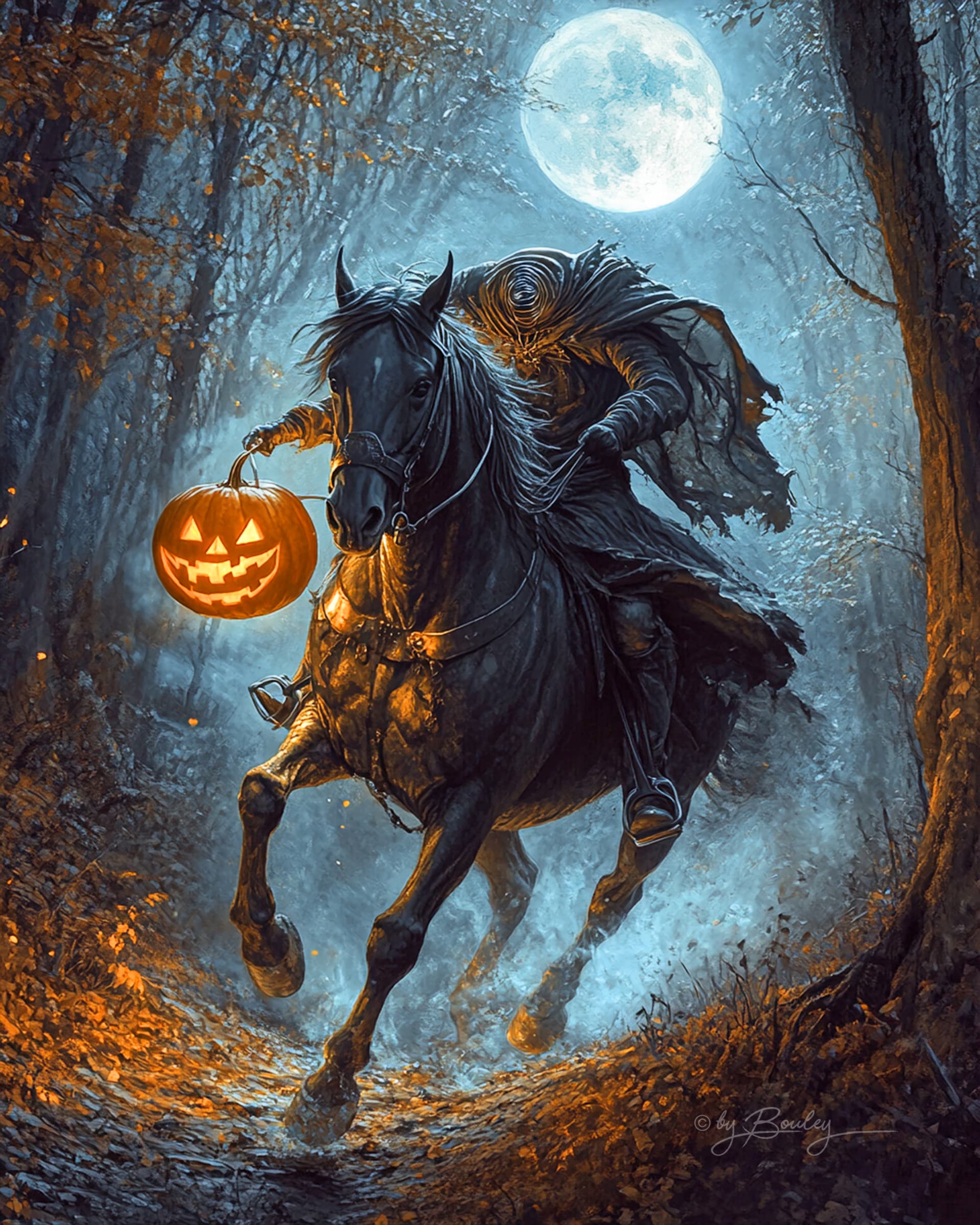 AI generated: On a Halloween night, the headless rider of a black horse, holding a pumpkin in hand, is riding swif...