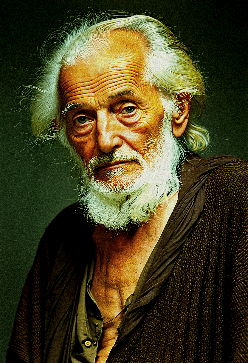 AI generated: The image features an older man with a long white beard, wearing a brown jacket and a green shirt. H...