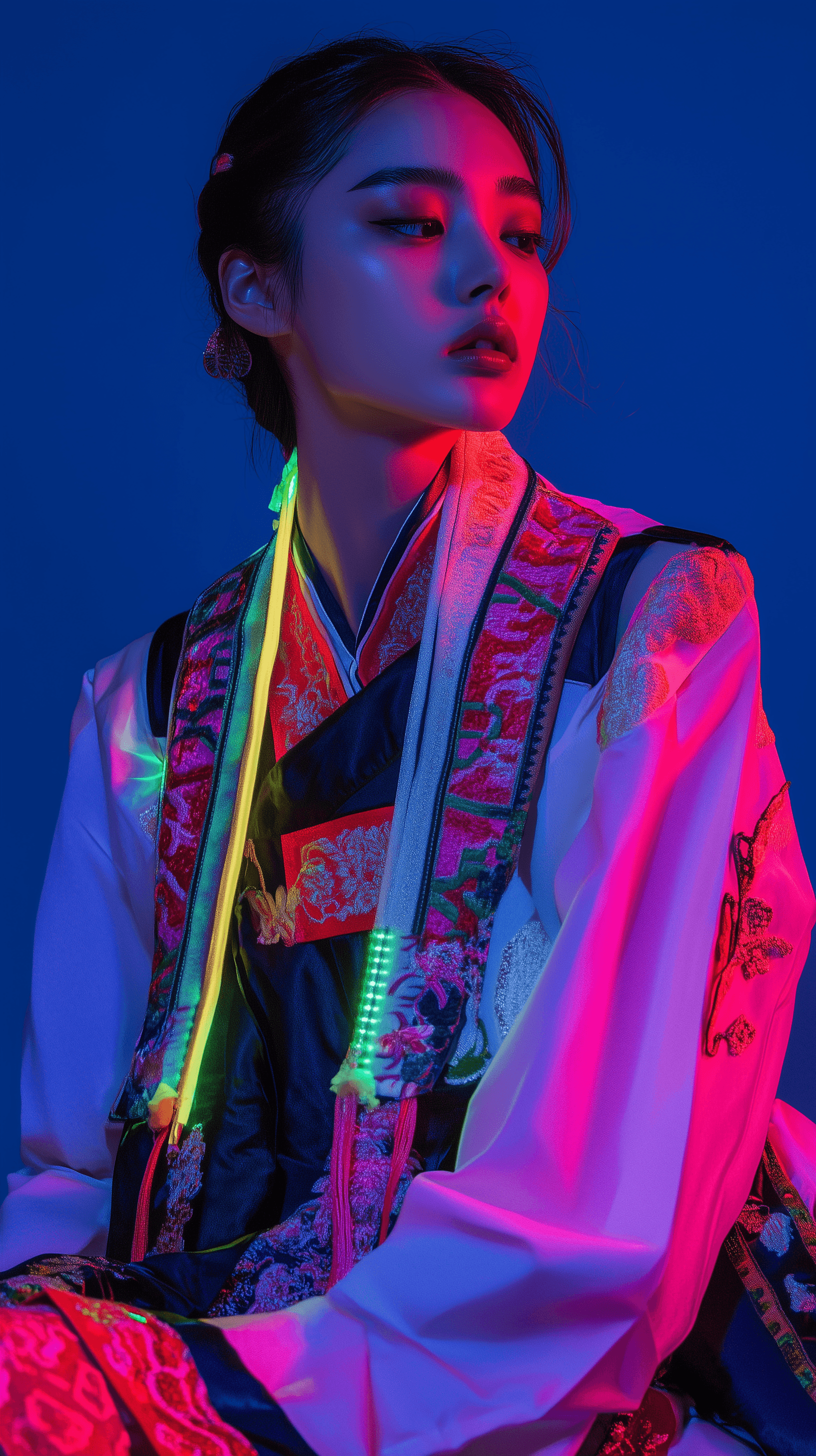 AI generated: korean heritage emphasized futuristic hanbok inspired streetwear outfit, intricate embroidery, moder...