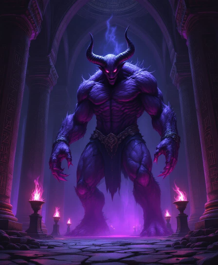 AI generated: In the depths of a grand, ancient crypt, a towering demon stands, its powerful form enveloped in sha...