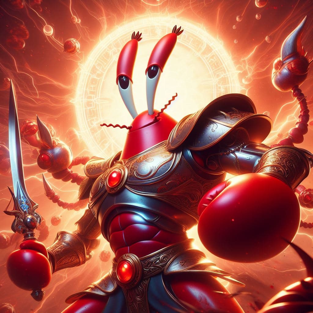AI generated: Mr.Krabs is the mightiest god using his sword, red eyes, heroic pose, divine and celestial light, ma...
