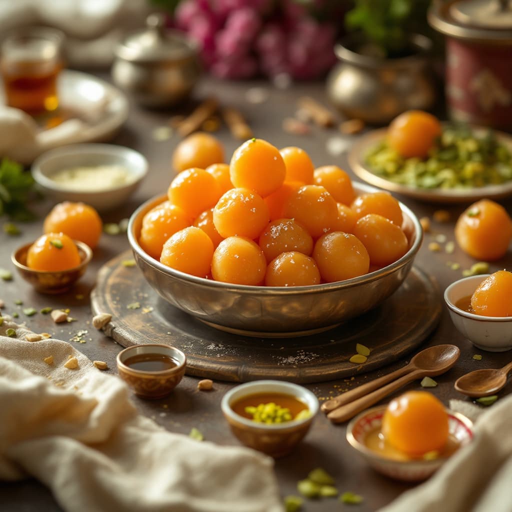 AI generated: "Create a hyper-realistic scene depicting the complete process of making gulab jamun, represented th...