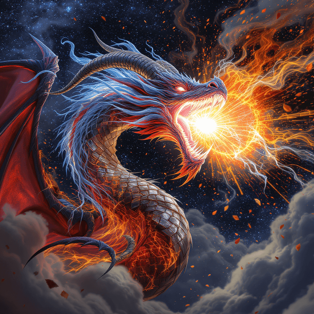 AI generated: In a realistic form, a fire and water dragon mixed with goat horns, wearing vibranium dragon scaled ...