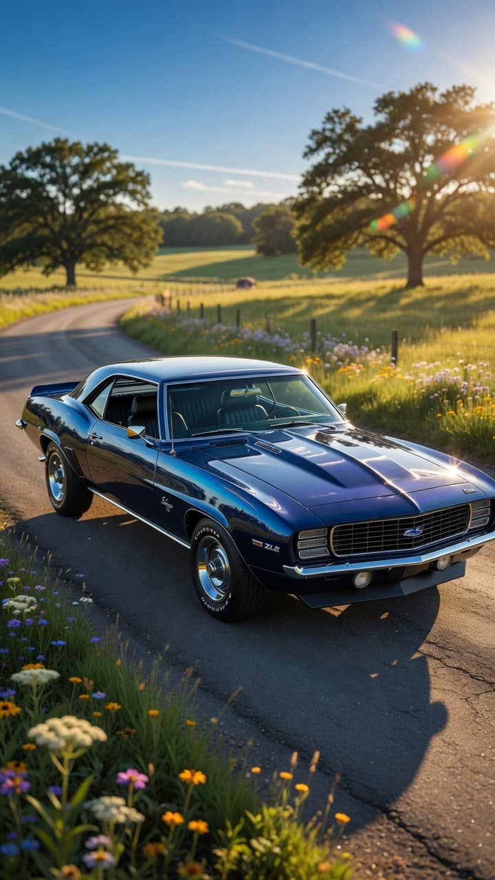 AI generated: Ultra-realistic photograph of a pristine 1969 Chevrolet Camaro ZL1 in deep Midnight Blue metallic pa...