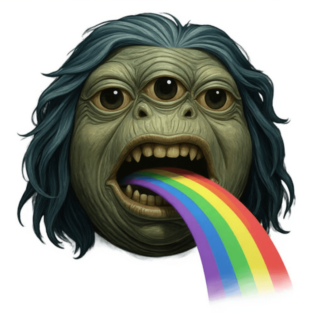AI generated: can you make this character puking a rainbow?