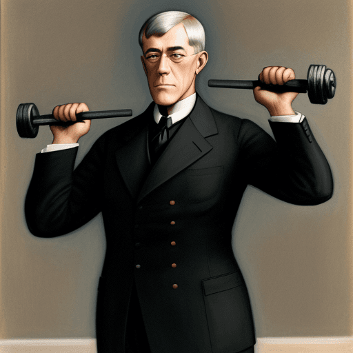 AI generated: President Woodrow Wilson, lifting weights