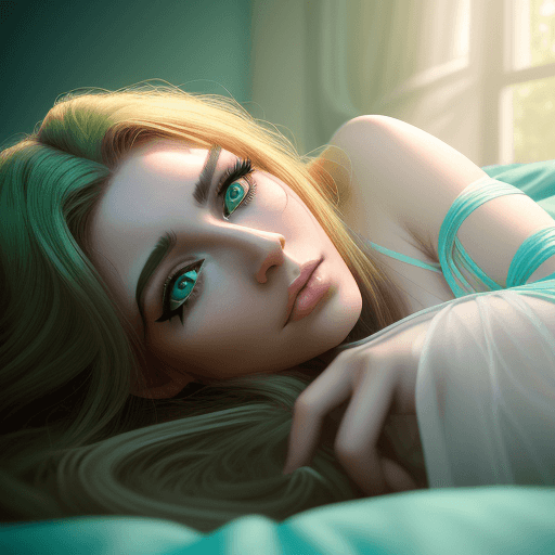 AI generated: a woman with long hair laying in bed, green eyes, in the style of yigal ozeri, anamorphic lens flare...