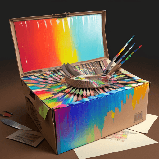 AI generated: realistic picture of a box that is filled with colored transparent paper, painting knife, color pigm...