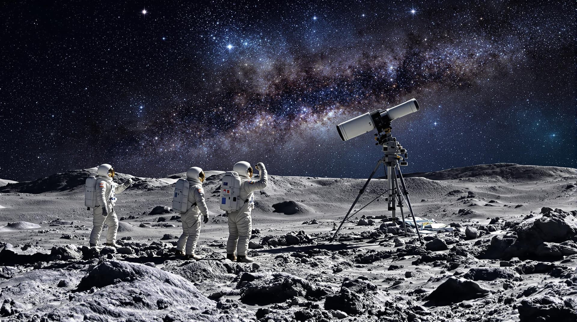 AI generated: 2 highly detailed astronauts stood on the moons surface setting up a large remotely controlled teles...